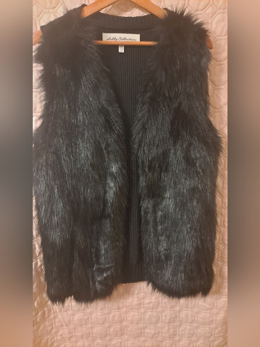 Sebby Collection Black Faux Fur Vest - Plush Open Front Sz L